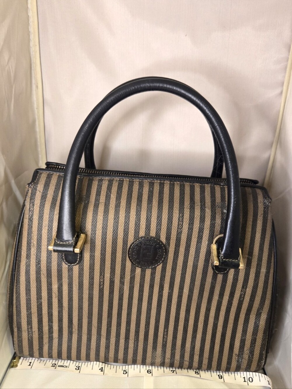 Fendi Vintage Striped Brown & Black Dome Satchel Handbag